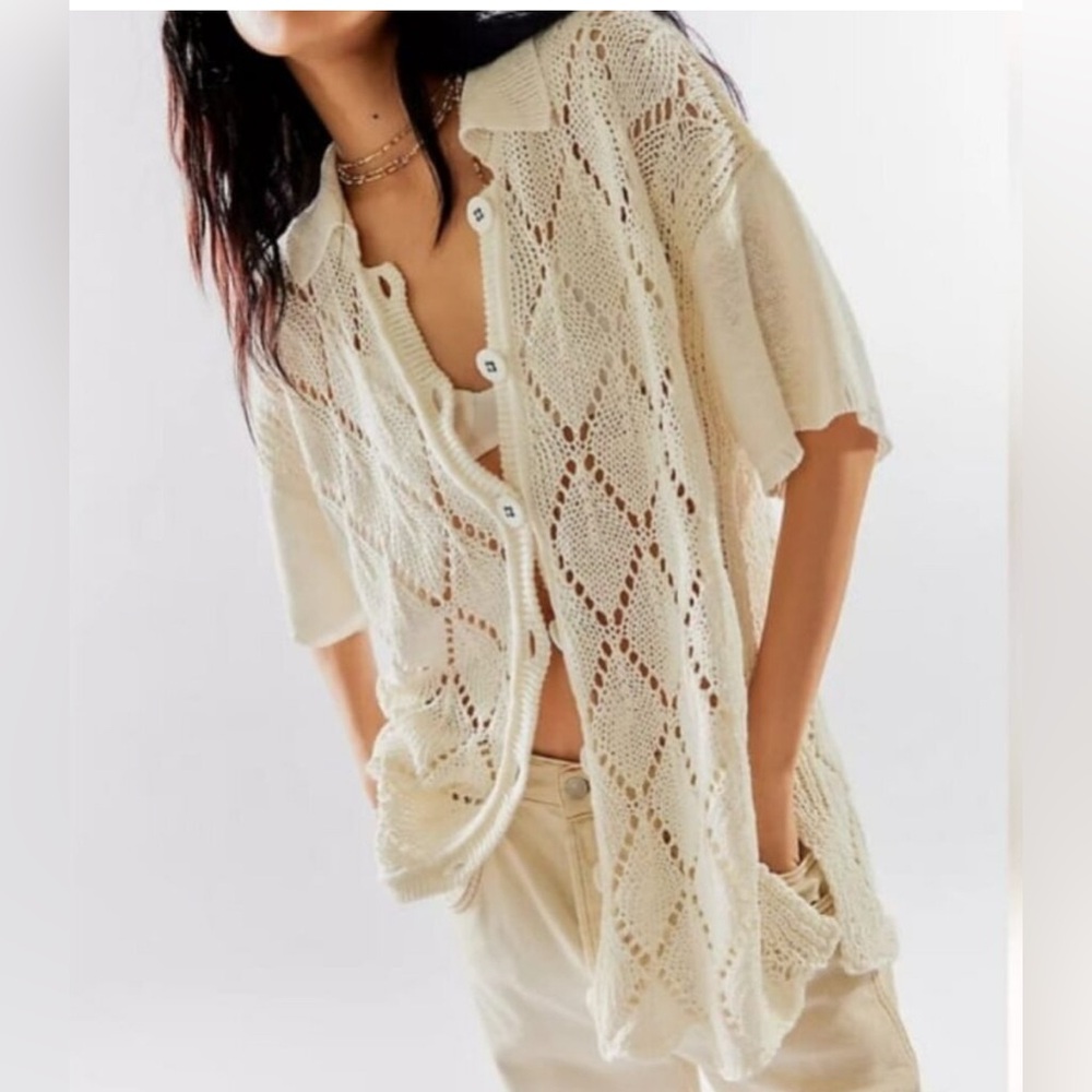 NEW We the Free | All Love Club Shirt Crochet Knit Linen Short Sleeve Sz‎ S